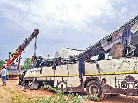 Twenty-nine people were killed when a bus jumped over and fell into a drain from the Yamunna Expressway | PTI