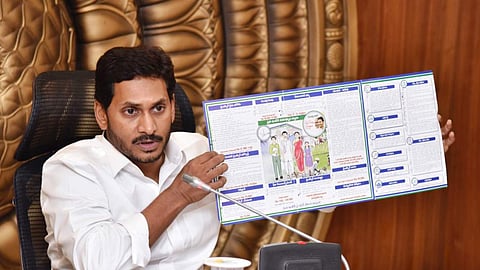 Andhra Pradesh CM YS Jagan Mohan Reddy with YSRC manifesto during cabinet meeting at Secretariat in Velagapudi.