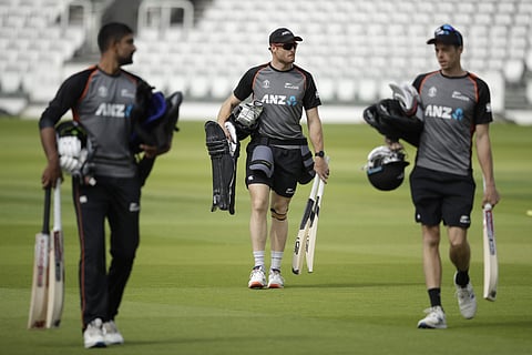 New Zealand's Martin Guptill, centre, arrives for a practice session ahead of the Cricket World Cup final match between England and New Zealand at Lord's cricket ground in London. (Photo | AP)