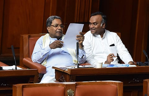 Siddaramiah and Priyanka Kharge during the Assembly Session at Vidhana Soudha in Bengaluru Friday. | (Vinod Kumar T | EPS)