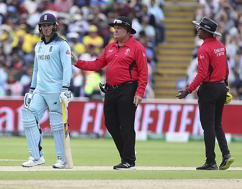 Umpire Kumar Dharmasena (R) ruled Jason Roy out wrongly in the semifinal. (Photo | AP)