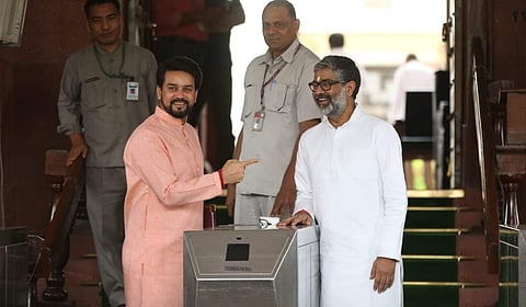 Former Samajwadi Party MP Neeraj Shekhar who join BJP today with MOS Finance Anurag Thakur at Parliament house in New Delhi on Tuesday. | (Shekhar Yadav | EPS)