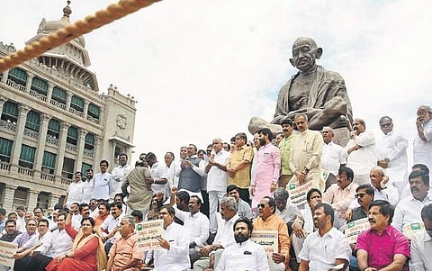 BJP leaders and legislators held a protest at Gandhi statue last week