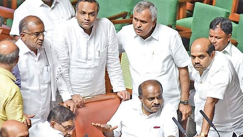 Chief Minister H D Kumaraswamy and his deputy G Parameshwara during the Assembly session at Vidhana Soudha in Bengaluru on Monday. ( Photo | Vinod kumar T, EPS)