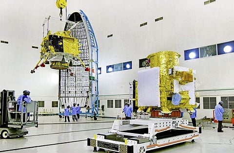Hoisting of Vikram lander during Chandrayaan-2 spacecraft integration at launch centre. (Photo | ISRO)