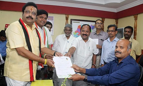 DMK Candidate D M Kathir Anand filed his nomination in the district on Wednesday. Photo | EPS, S Dinesh)