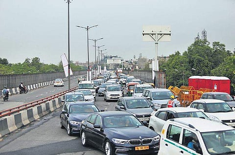 Traffic jam at the newly-constructed Rao Tula Ram Flyover after it was inaugurated by Chief Minister Arvind Kejriwal in New Delhi on Tuesday | Arun Kumar