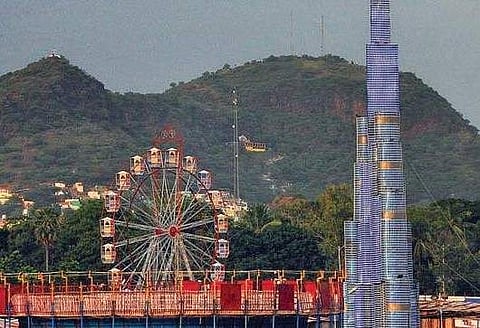 Replica of Burj Khalifa at the entrance of handloom and handicrafts exhibition to be inaugurated at Swaraj Maidan in Vijayawada on Tuesday. (Photo | Prasant Madugula, EPS)