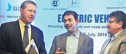 (From left) William Hopkinson, Acting Deputy High Commissioner Hyderabad, Jayesh Ranjan, IT Secretary, and JJ Cortex, Ambassador, Bolivia at Electrical Vehicle Summit & Expo 2019 in Hyderabad on Wednesday | S Senbagapandiyan