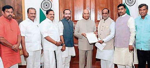 Telangana BJP chief K Laxman, Union Minister of State for Home Affairs G Kishan Reddy submit a memorandum to President Ram Nath Kovind in New Delhi on Monday | Express