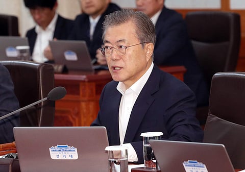 South Korean President Moon Jae-in speaks during a cabinet meeting at the presidential Blue House in Seoul, South Korea, Tuesday, July 2, 2019. Moon calls a recent U.S.-North Korean summit at the Korean border an end of mutual hostility between the countr