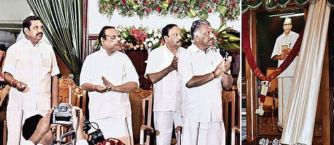 Chief Minister Edappadi K Palaniswami unveils the life-size portrait of freedom fighter and former minister late SS Ramasamy Padayachiyar at Assembly hall in Chennai on Friday | P Jawahar