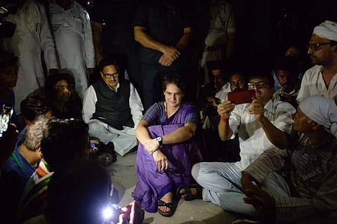 Congress leader Priyanka Gandhi Vadra was detained on 19 July 2019 while she was on her way to meet the kin of the Sonbhadra firing case victims. She spent the night at a guest house, refusing to go back. (Photo | All India Mahila Congress Twitter)