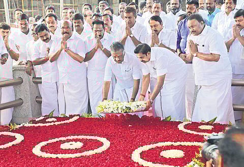 Chief Minister Edappadi K Palaniswami, Deputy Chief Minister O Panneerselvam and other ministers paying homage to former CM J Jayalalithaa at the memorial for her on Kamarajar Salai in Chennai on Saturday | Express