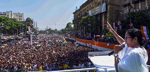 West Bengal Chief Minister Mamata Banerjee addressing Martyr's Day rally in Kolkata. (Photo|PTI)