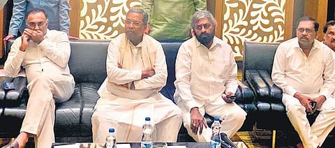 KPCC president Dinesh Gundu Rao, former CM Siddaramaiah, KPCC working president Eshwar Khandre and Deputy CM G Parameshwara hold a meeting with Congress MLAs at Taj Vivanta, in Bengaluru on Sunday | EXPRESS