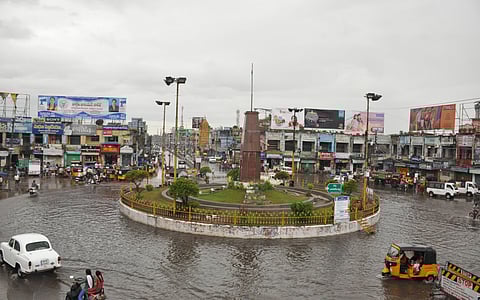 Rain water stagnant at Koneru centre in Machilipatnam. (Photo| EPS, P Ravindra Babu )