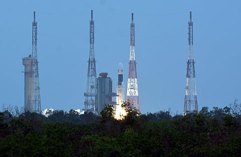 As the world watched, the 43 metres tall Baahubali rocket with a lift-off mass of 640 tonnes blasted-off from the second launch pad at 2.43 pm on 22 July from Andhra Pradesh's Sriharikota. (Photo | Ashwin Prasath, EPS)
