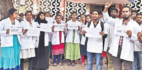 Junior doctors protest against the National Medical Commission Bill at Osmania General Hospital in Hyderabad on Monday, July 22 (Photo | EPS)