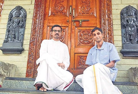 Architect and scholar K M Sheshagiri (left) with sculptor Nagendra Ramamurthy played an important role in restoring the Vyasaraja Brindavana at Anegundi after it was vandalised last week | SHRIRAM B N