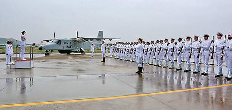Navy chief Admiral Karambir Singh receives the guard of honour during the commissioning of a Dornier squadron at the naval air enclave at Meenambakkam in the city on Monday | Express