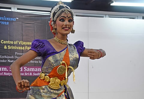 Sruti Samanvi performing Kuchipudi dance at the Cultural Centre of Vijayawada and Amaravati in Vijayawada (Express Photo by P Ravindra Babu)