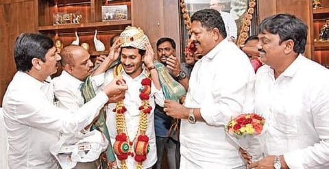 BC leaders felicitate CM YS Jagan Mohan Reddy at the Assembly for setting up a permanent BC Commission, on Tuesday, July 23 (Photo| EPS)