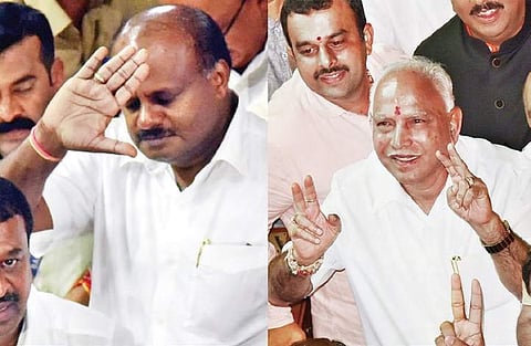 HD Kumaraswamy leaves after losing the vote of confidence at Vidhana Soudha in Bengaluru on Tuesday. Right: BJP state president B S Yeddyurappa is all smiles after the trust vote | Vinod Kumar T