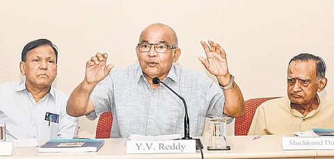 Former RBI governor Y V Reddy addresses a gathering after releasing the Social Development report on Wednesday | Vinay Madapu