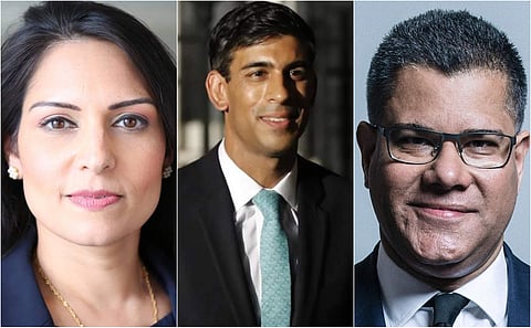L-R: UK Home Secretary Priti Patel, Chief Secretary to the Treasury Rishi Sunak, and International Development Secretary Alok Sharma. (Photos | Facebook/ AFP)