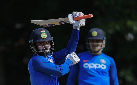 India's Rishabh Pant (L) is watched by Mahendra Singh Dhoni during a training session. (Photo | AFP)