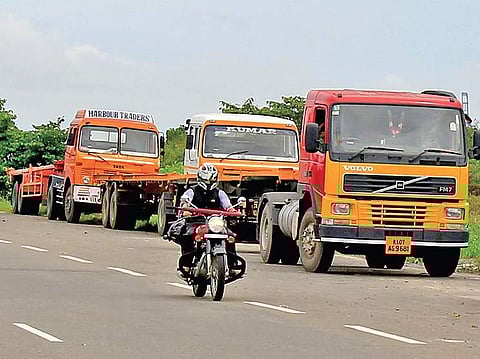 Trucks parked on the Container Terminal Road in Kochi | Express file pic