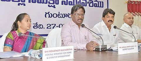 Guntur In-charge Minster and Transport Minister P Venkata Ramaiah, Marketing inister M Venkata Ramana, Home minister M Sucharita and Collector Samuel Anand Kumar at the District Review Committee meeting in Guntur | Express