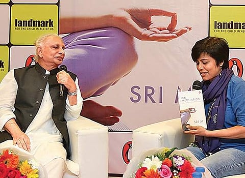 Spiritual guru Sri M and Roopa Pai at the launch of his latest book, On Meditation, in the city