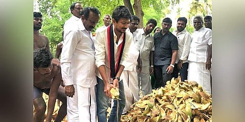 DMK youth wing secretary Udhayanidhi Stalin husking coconut while canvassing for votes in support of DM Kathir Anand, at Vaniyambadi. (Photo | EPS)