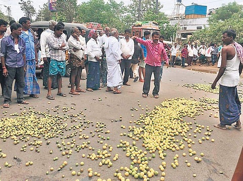 Farmers dump lemons on the road in front of the Market Yard in protest against e-NAM trading system at Tenali in Guntur district on Wednesday. (Photo | EPS)