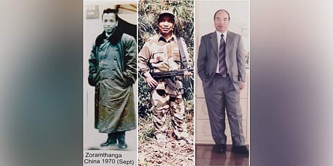 In one of the photos, the erstwhile rebel leader is seen in battle fatigues holding a gun. In another, he is seen wearing an overcoat and standing somewhere in China in 1970. (Photo | Zoramthanga/Twitter)