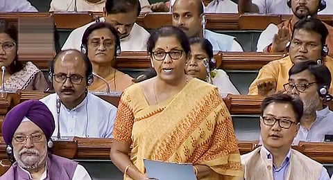 Finance Minister Nirmala Sitharaman speaks in the Lok Sabha during the Budget Session of Parliament (Photo | PTI)