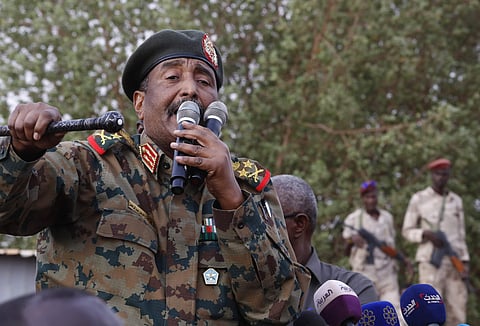 Sudanese General Abdel-Fattah Burhan, head of the military council, speaks during a military-backed rally, in Omdurman district of Sudan (Photo | AP)