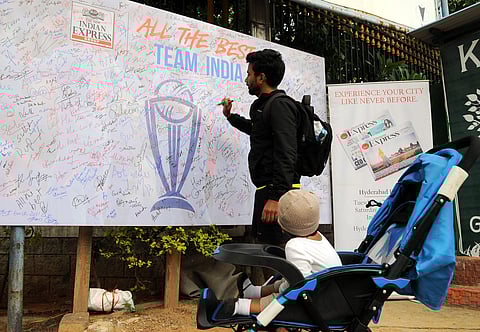 The signature campaign organised by TNIE to support Team India who will play their knock-out semi-final game against England on July 11 at KBR Park in Hyderabad (Express| S Senbagapandiyan)