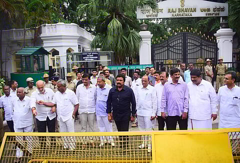 Dissident MLAs from JD S and Congress leave Raj Bhavan after meeting with Karnataka Governor Vajuibhai Vala in Bengaluru Saturday July 6 2019. | (Pandarinath B | EPS)
