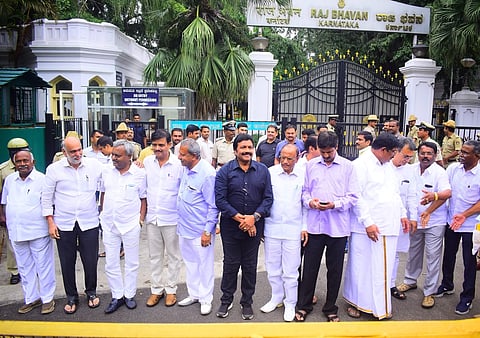 Dissident MLAs from JD S and Congress leave Raj Bhavan after meeting with Karnataka Governor Vajuibhai Vala in Bengaluru Saturday July 6 2019. (Pandarinath B | EPS)