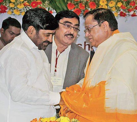 (From left ) State Education Minister G Jagadish Reddy, TSCHE chair T Papi Reddy, and NITI Aayog member Vijay Kumar Saraswat at a national workshop on higher education in Hyderabad on Monday | Sathya keerthi