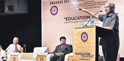 Prof M Ananthakrishnan speaks during a debate organised by DG Vaishnav College on Wednesday. (From L) H K Jhaver, chairman, Sri Vallabacharya Sabha and Prof B Ramaswamy, State University of New York, are also seen | P Jawahar