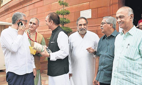 Congress leaders Ghulam Nabi Azad and Anand Sharma, BJP MP Rakesh Sinha, TMC MP Derek O’Brien and others during the Budget Session in New Delhi | Shekhar yadav