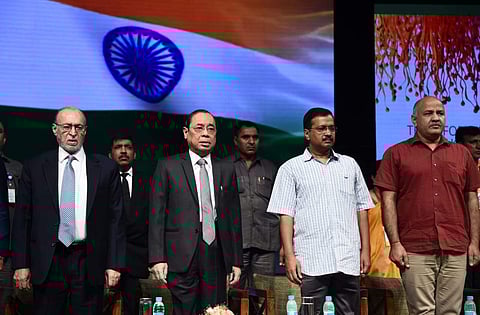 Chief Justice of India Ranjan Gogoi, Delhi Chief Minister Arvind Kejriwal ,Delhi Lt Gov Anil Baijal and Dy CM Manish Sisodia during the Happiness Education Conference. (Photo| Parveen Negi/ EPS)