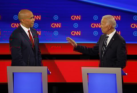 Former Vice President Joe Biden gestures to Sen. Cory Booker, D-N.J., during the second of two Democratic presidential primary debates hosted by CNN Wednesday, July 31, 2019. (Photo | AP)