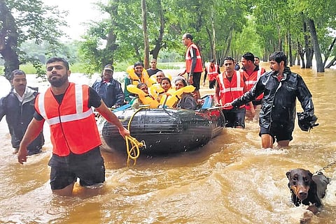 Army men and NDRF personnel involved in rescue operations in Belagavi district on Thursday | Express