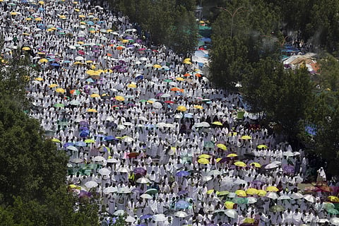 Hundreds of thousands of Muslim pilgrims pray outside Namira Mosque in Arafat during the annual hajj pilgrimage, near the holy city of Mecca, Saudi Arabia. (Photo | AP)