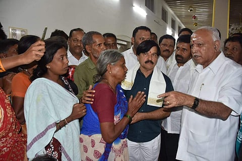 Chief Minister B S Yediyurappa visits relief camp at Nanjangud, Karnataka. (Photo | Udayshankar S, EPS)